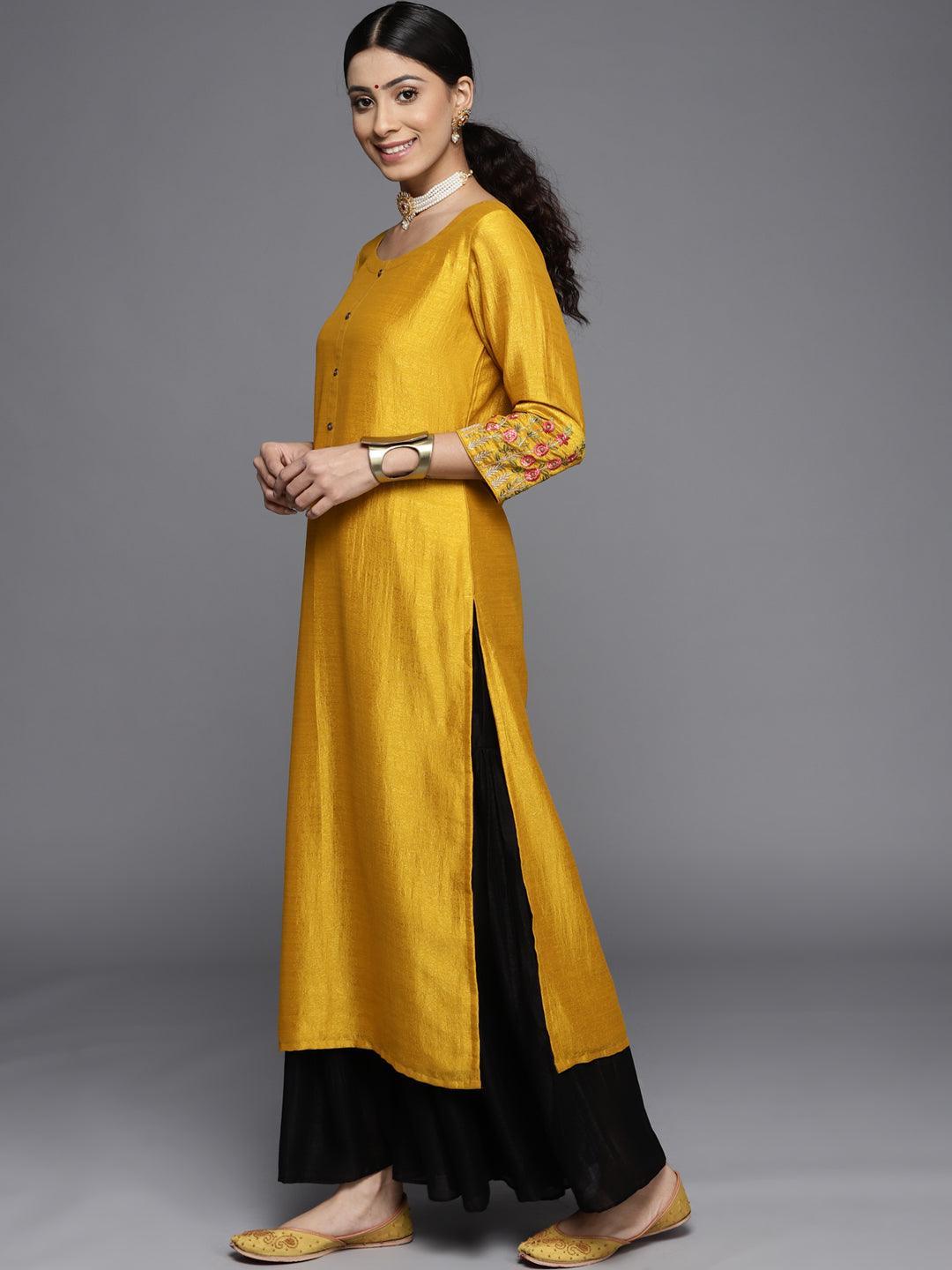 Mustard Solid Silk Kurta - ShopLibas