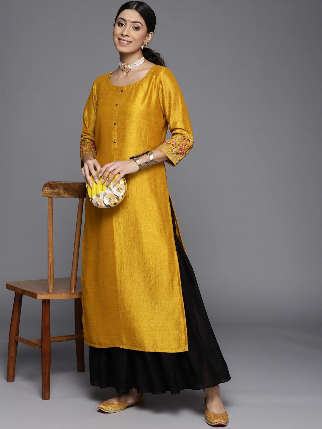 Mustard Solid Silk Kurta - ShopLibas