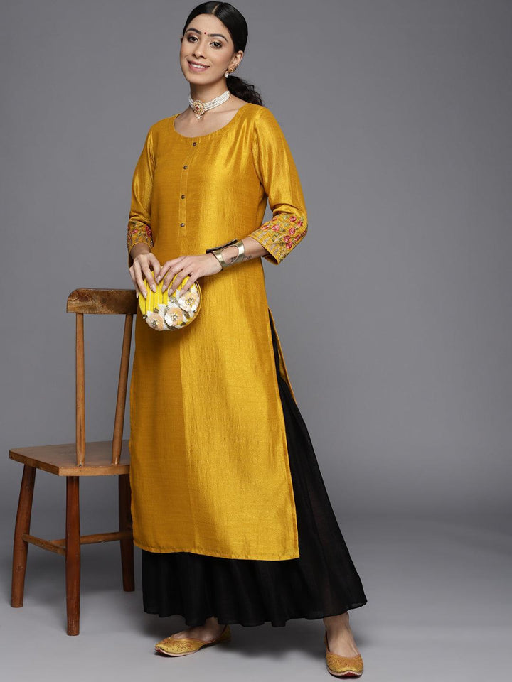 Mustard Solid Silk Kurta