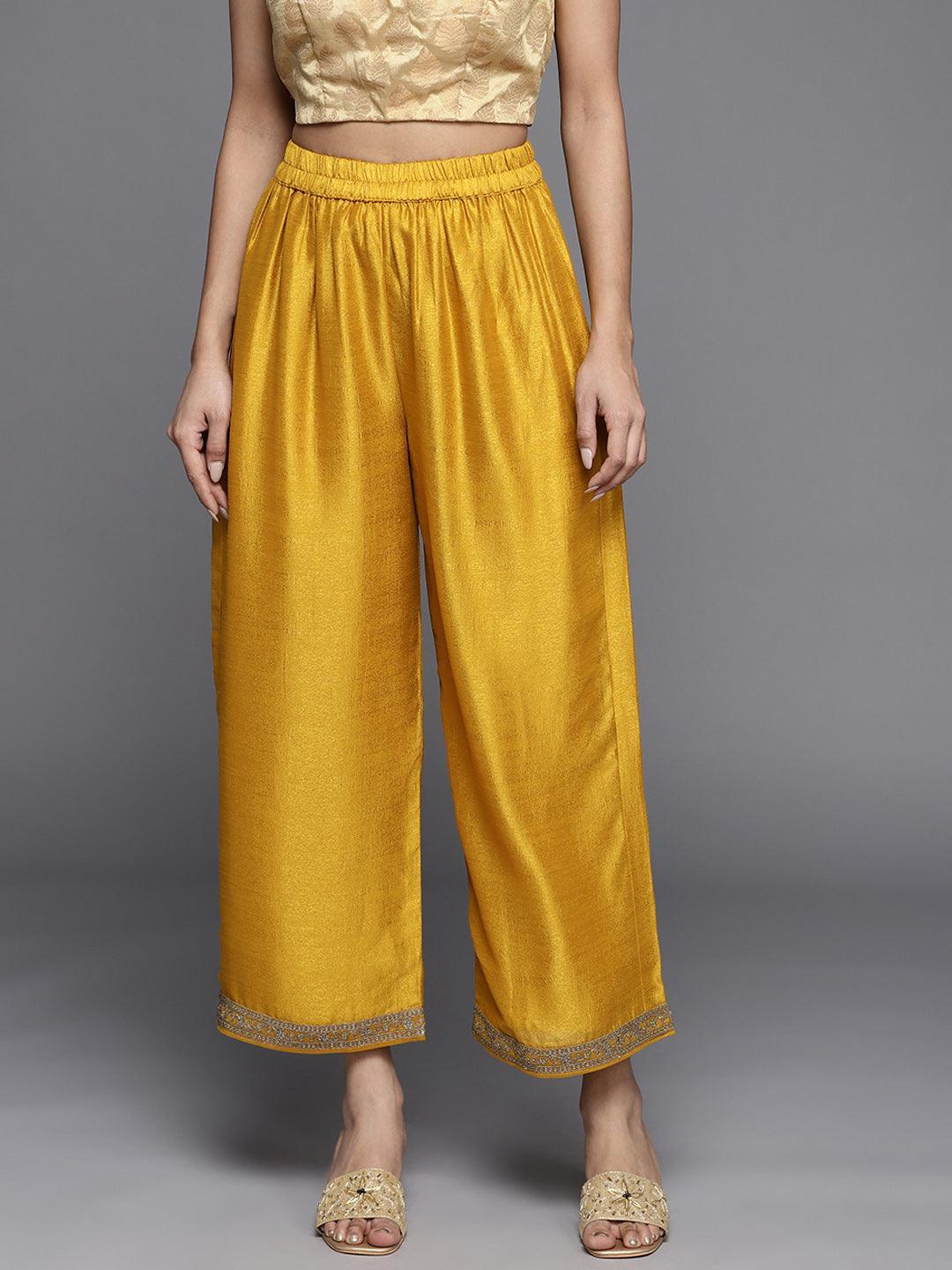 Mustard Solid Silk Palazzos - ShopLibas