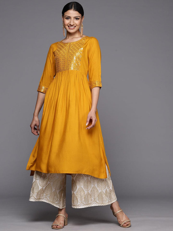 Mustard Yoke Design Rayon A-Line Kurta
