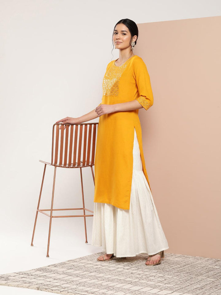 Mustard Yoke Design Rayon Straight Kurta