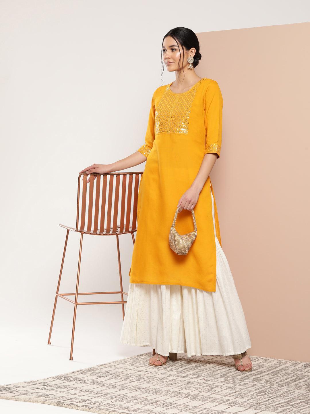 Mustard Yoke Design Rayon Straight Kurta - ShopLibas