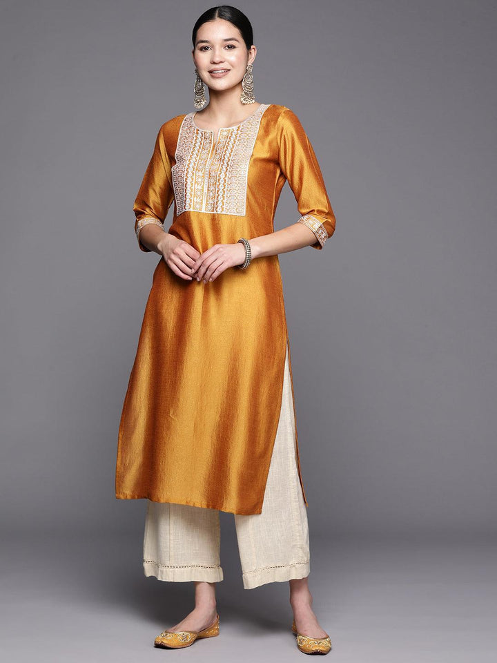 Mustard Yoke Design Silk Straight Kurta
