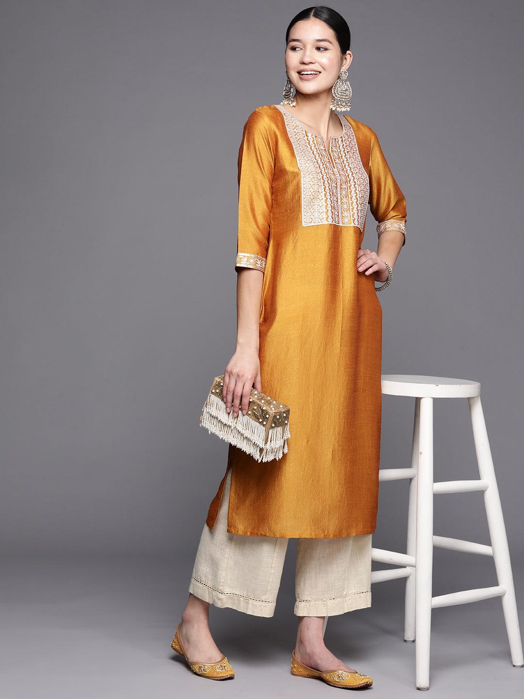 Mustard Yoke Design Silk Straight Kurta - ShopLibas