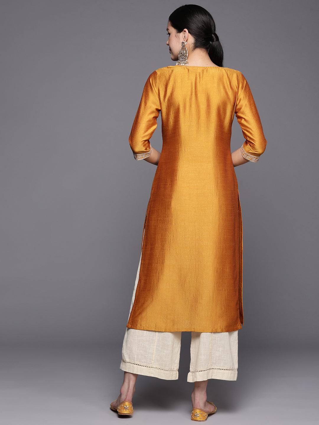 Mustard Yoke Design Silk Straight Kurta - ShopLibas