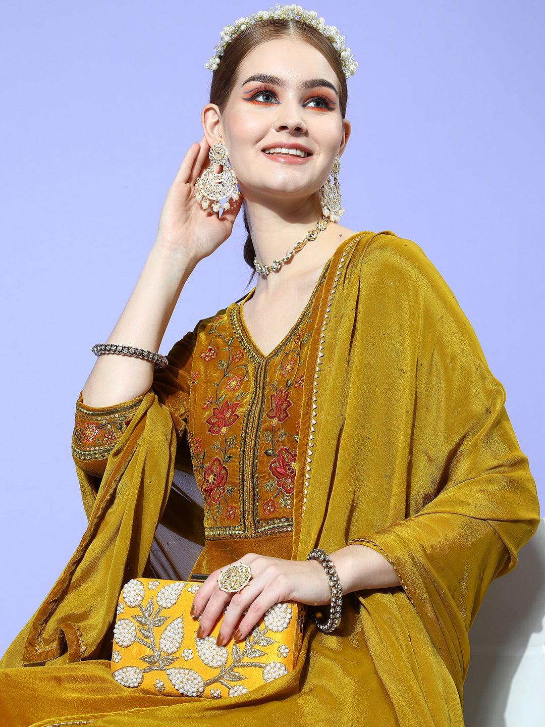 Mustard Yoke Design Velvet Anarkali Suit Set - ShopLibas