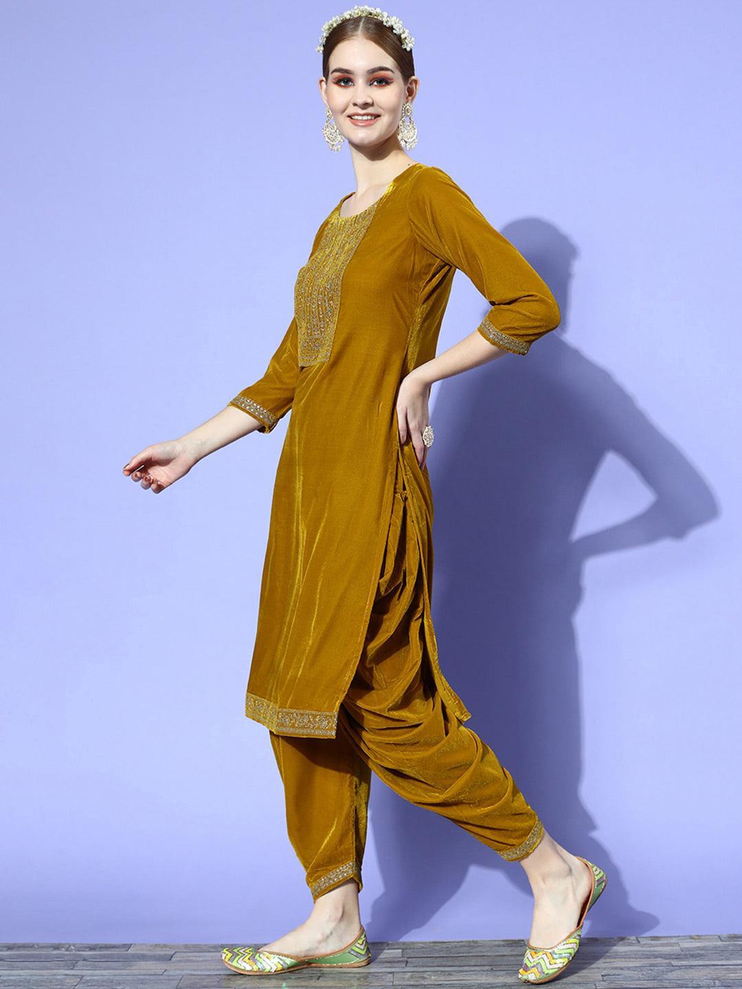 Mustard Yoke Design Velvet Straight Suit Set - ShopLibas