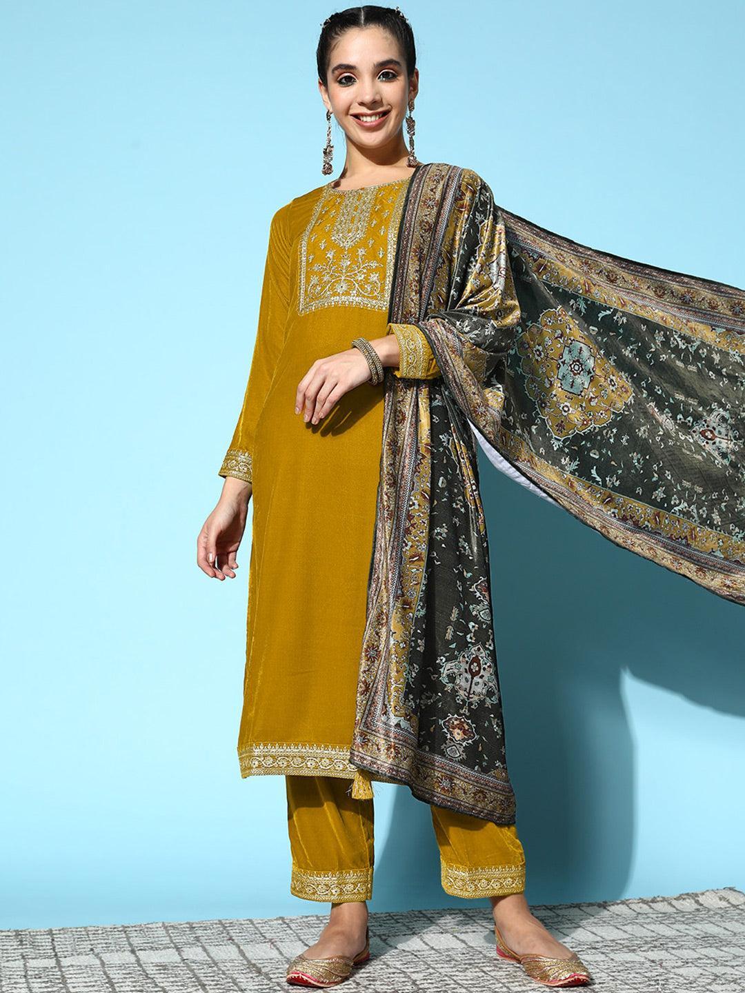 Mustard Yoke Design Velvet Straight Suit Set - ShopLibas