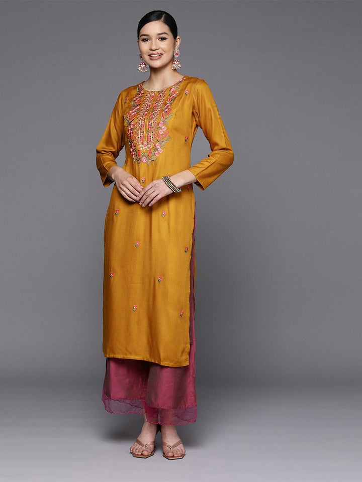 Mustard Yoke Design Wool Straight Kurta