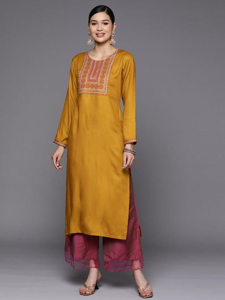 Mustard Yoke Design Wool Straight Kurta