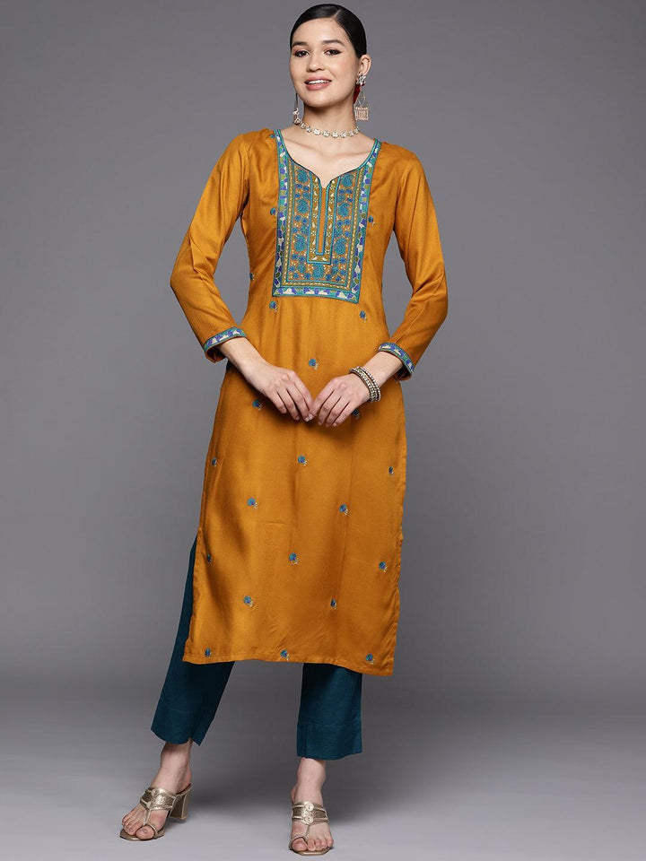 Mustard Yoke Design Wool Straight Kurta