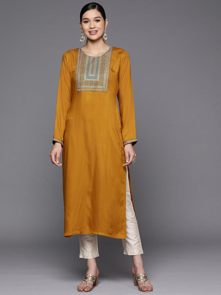 Mustard Yoke Design Wool Straight Kurta