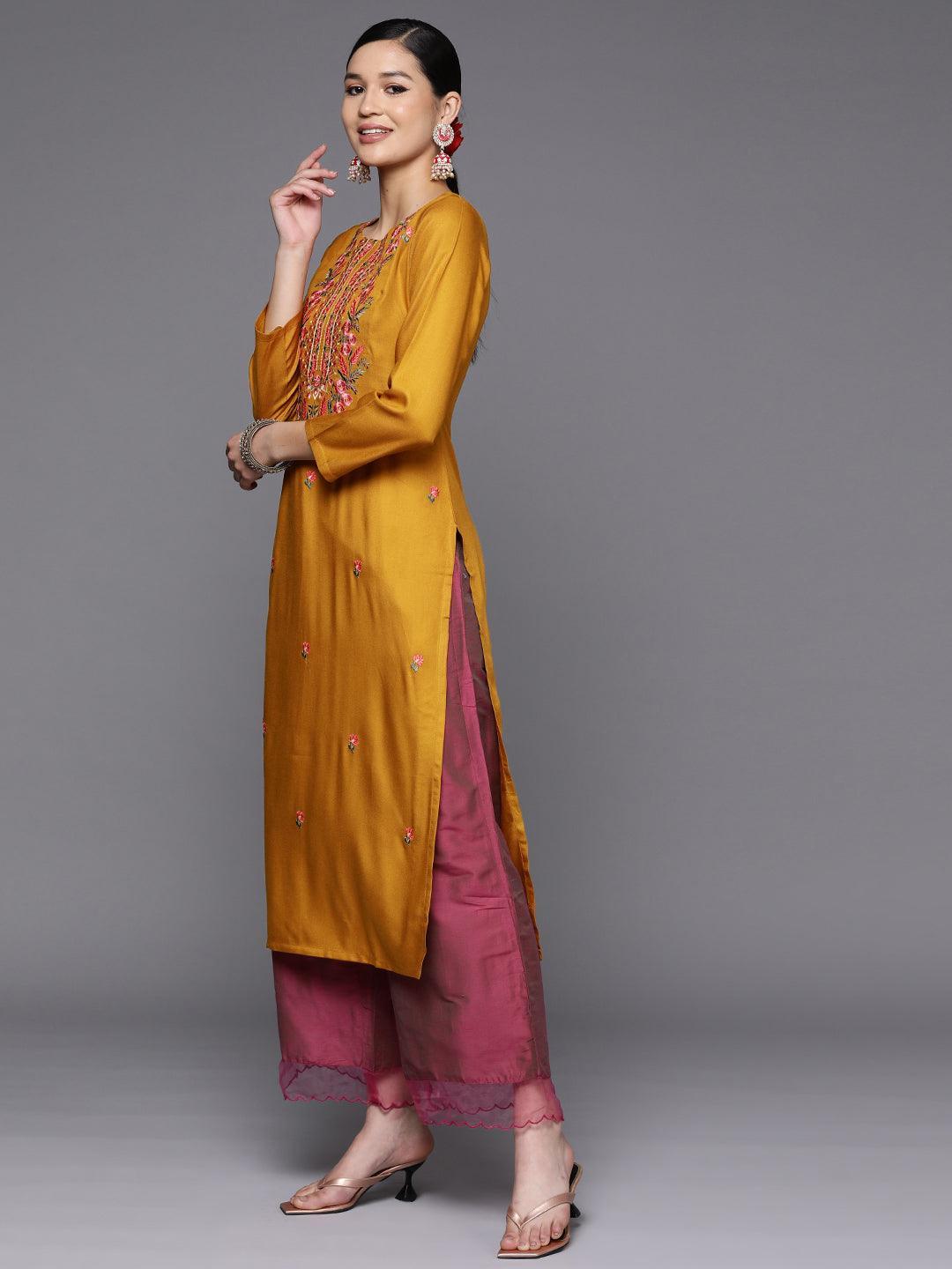 Mustard Yoke Design Wool Straight Kurta - Libas