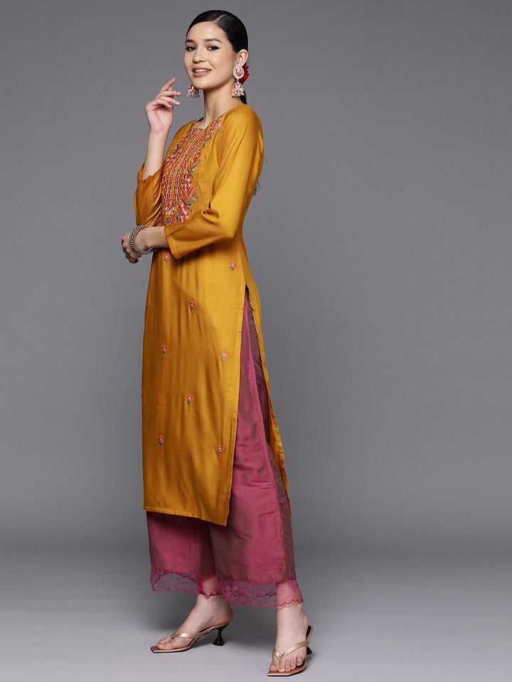 Mustard Yoke Design Wool Straight Kurta