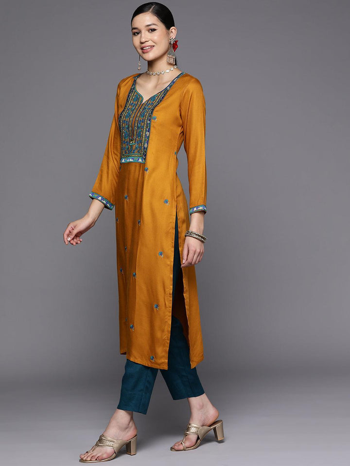 Mustard Yoke Design Wool Straight Kurta