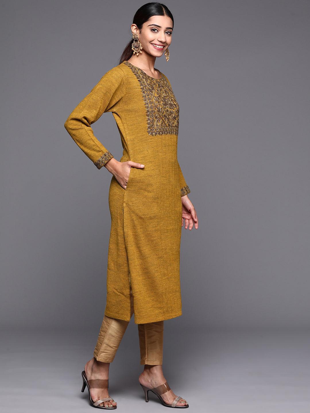 Mustard Yoke Design Wool Straight Kurta - ShopLibas