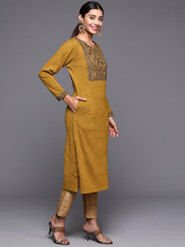 Mustard Yoke Design Wool Straight Kurta