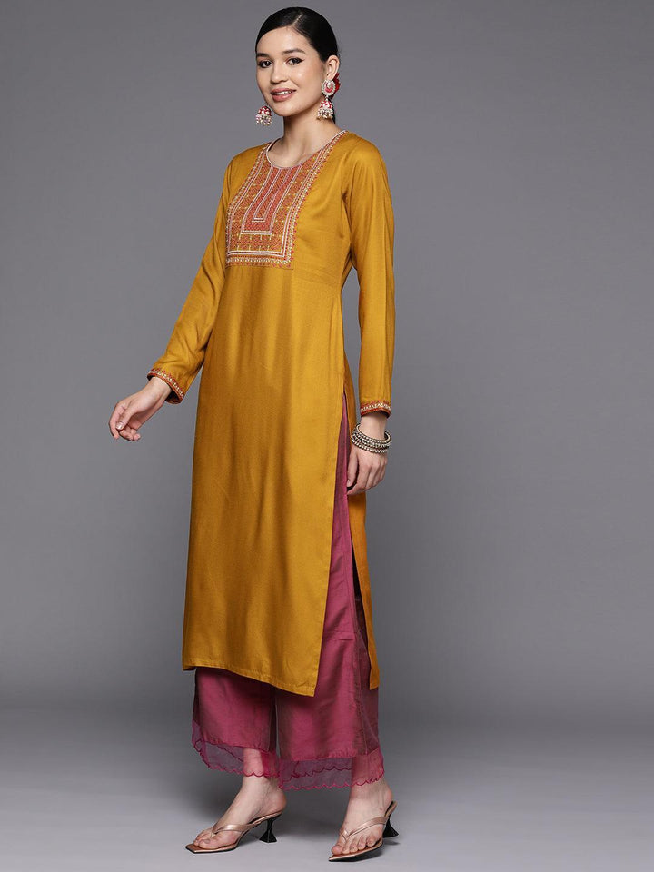 Mustard Yoke Design Wool Straight Kurta