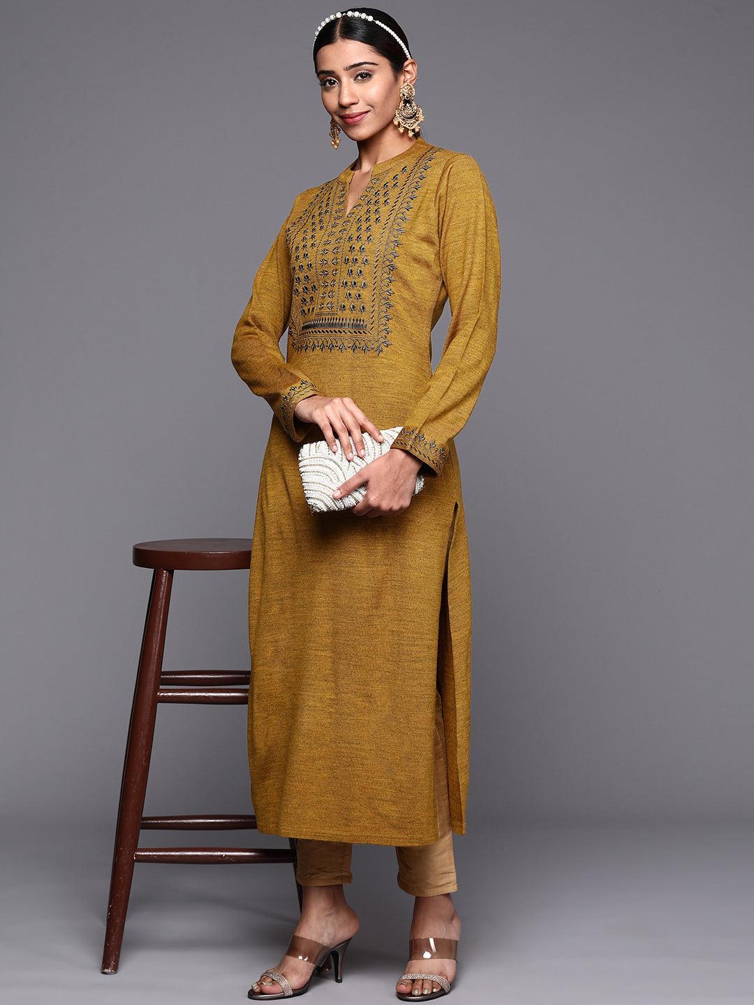 Mustard Yoke Design Wool Straight Kurta - ShopLibas