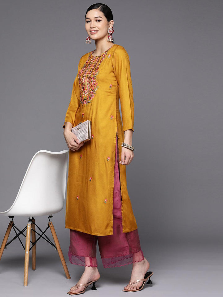 Mustard Yoke Design Wool Straight Kurta