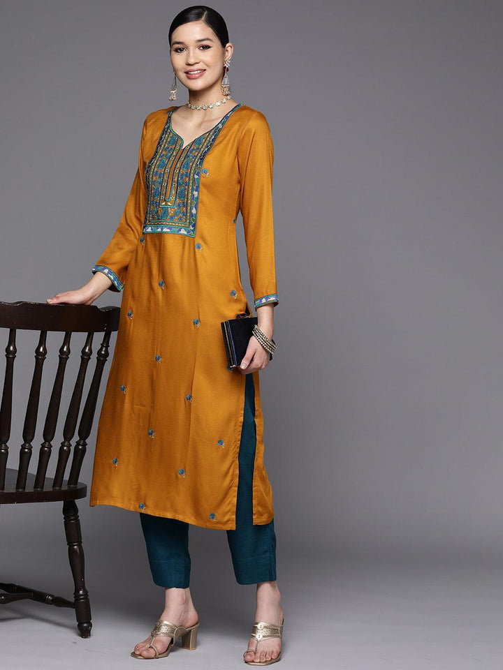 Mustard Yoke Design Wool Straight Kurta