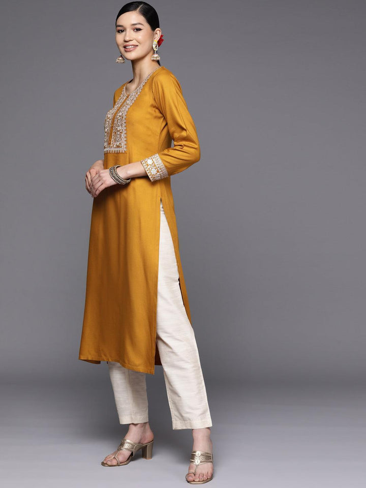 Mustard Yoke Design Wool Straight Kurta