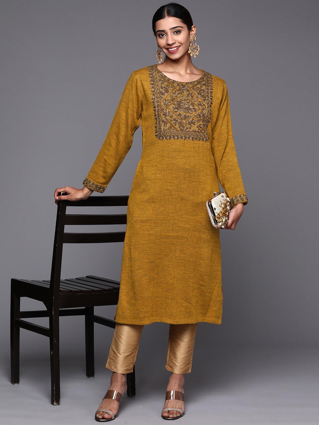 Mustard Yoke Design Wool Straight Kurta - ShopLibas