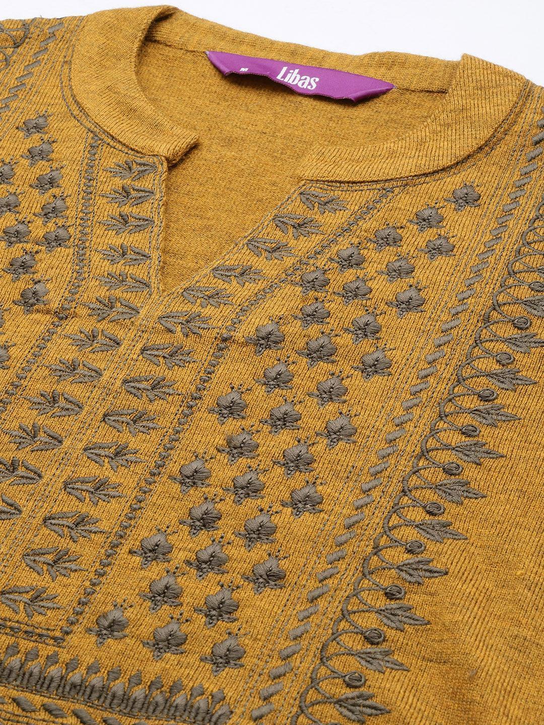 Mustard Yoke Design Wool Straight Kurta - ShopLibas