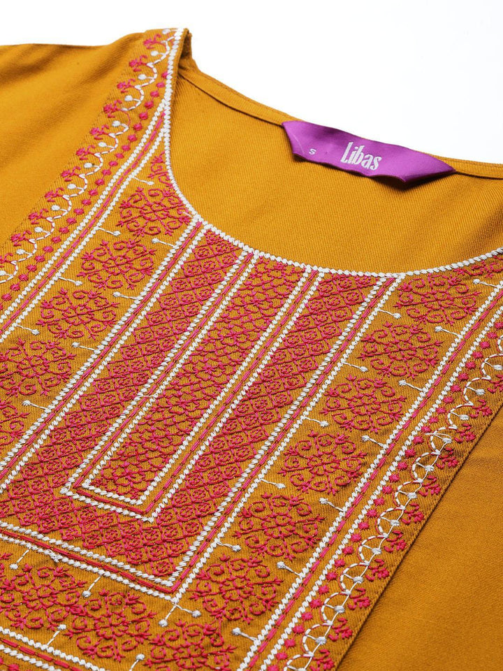 Mustard Yoke Design Wool Straight Kurta