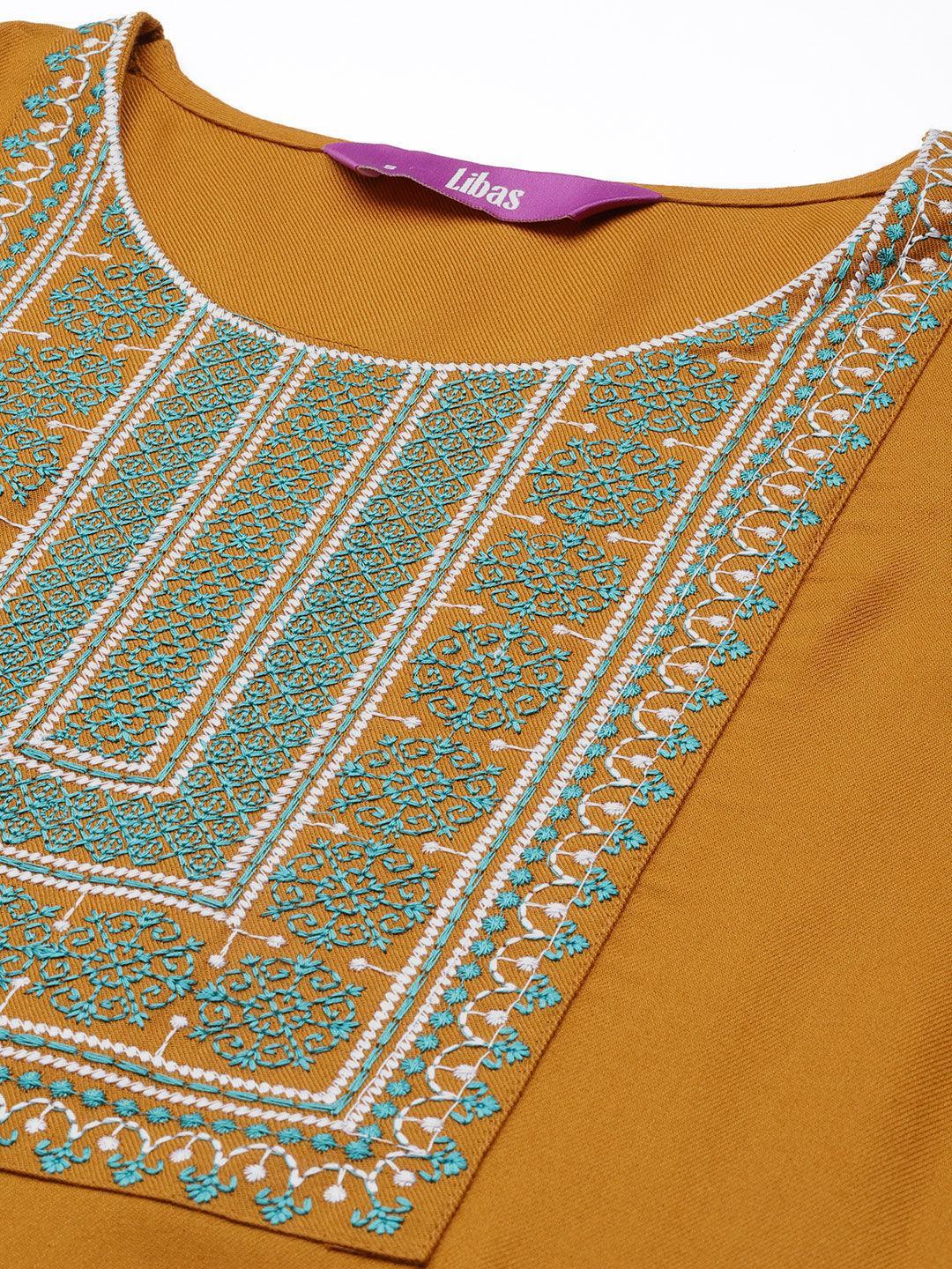 Mustard Yoke Design Wool Straight Kurta - Libas