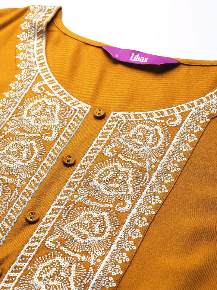 Mustard Yoke Design Wool Straight Kurta