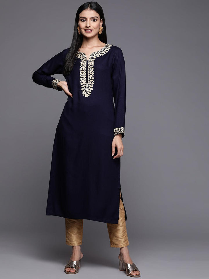 Navy Blue Embroidered Pashmina Wool Straight Kurta