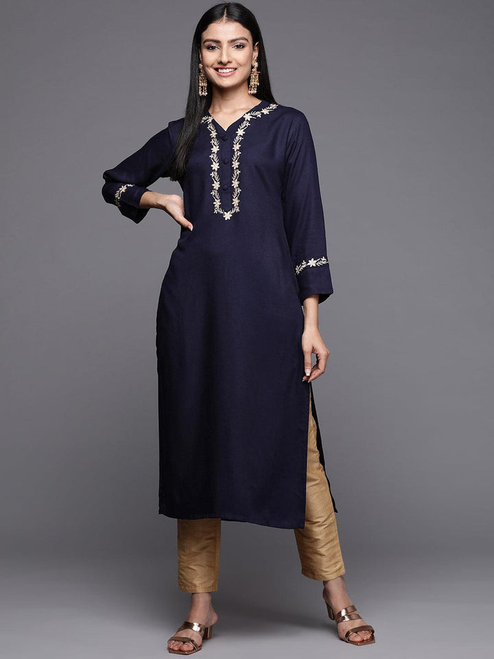 Navy Blue Embroidered Pashmina Wool Straight Kurta