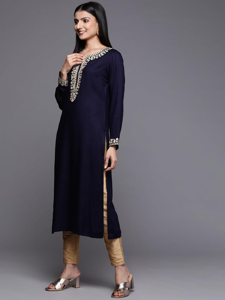 Navy Blue Embroidered Pashmina Wool Straight Kurta