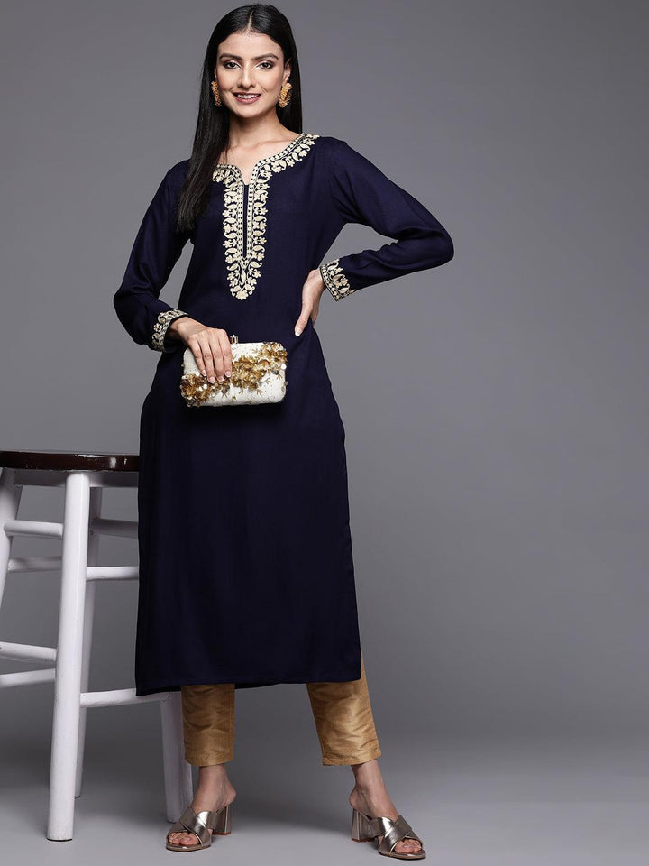 Navy Blue Embroidered Pashmina Wool Straight Kurta