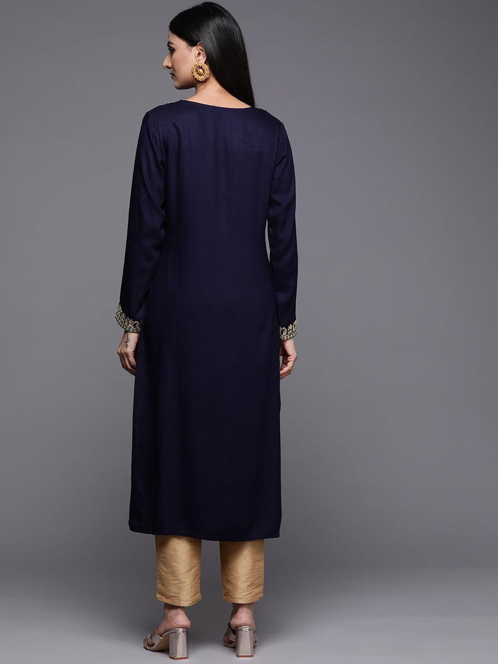 Navy Blue Embroidered Pashmina Wool Straight Kurta