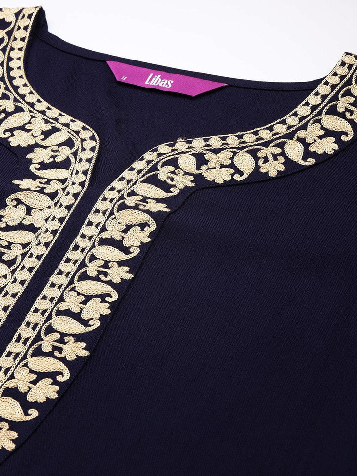 Navy Blue Embroidered Pashmina Wool Straight Kurta