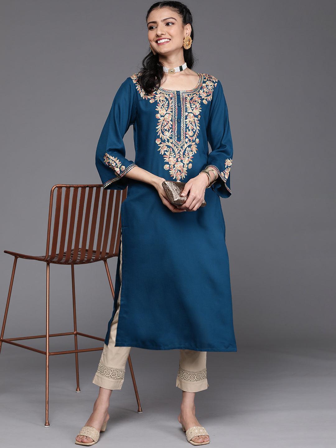 Navy Blue Embroidered Rayon Kurta - ShopLibas