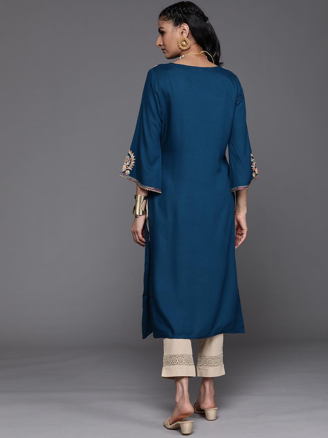 Navy Blue Embroidered Rayon Kurta - ShopLibas