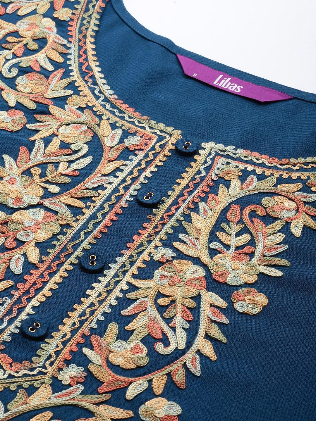 Navy Blue Embroidered Rayon Kurta - ShopLibas