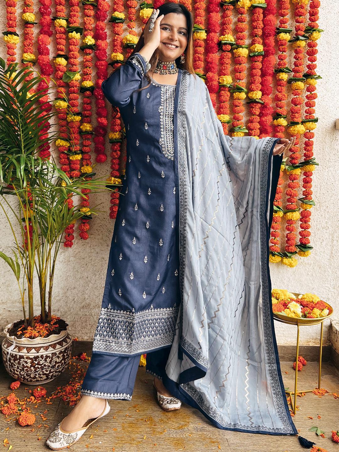 Blue Embroidered Silk Blend Straight Suit Set