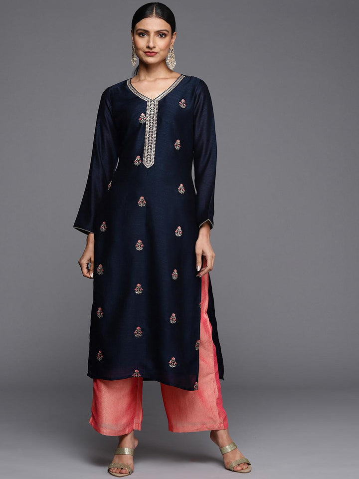 Navy Blue Embroidered Silk Straight Kurta