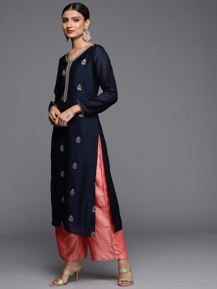 Navy Blue Embroidered Silk Straight Kurta