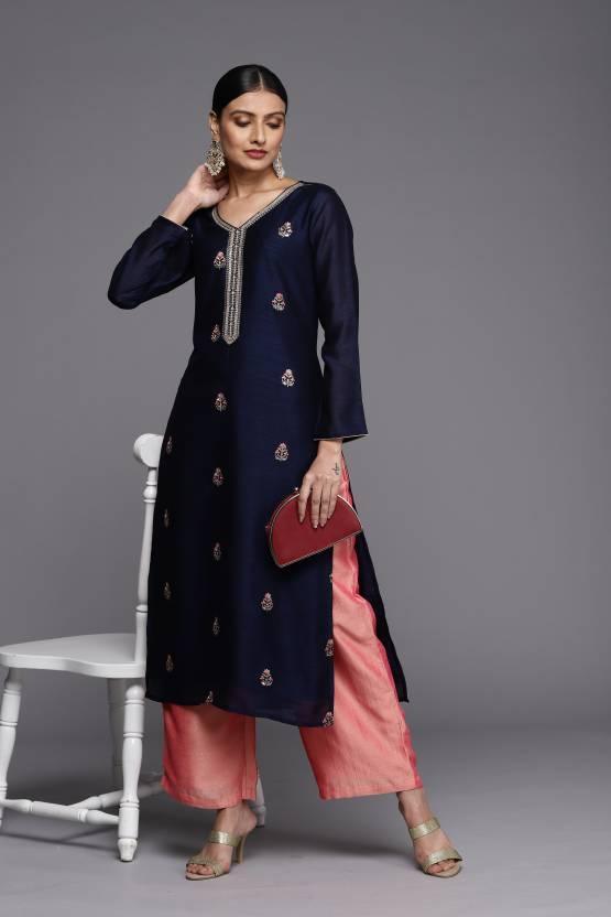 Navy Blue Embroidered Silk Straight Kurta