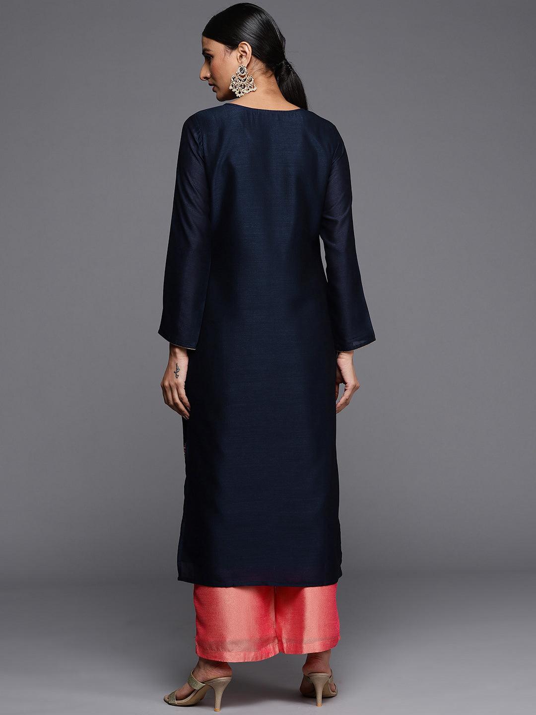 Navy Blue Embroidered Silk Straight Kurta - ShopLibas