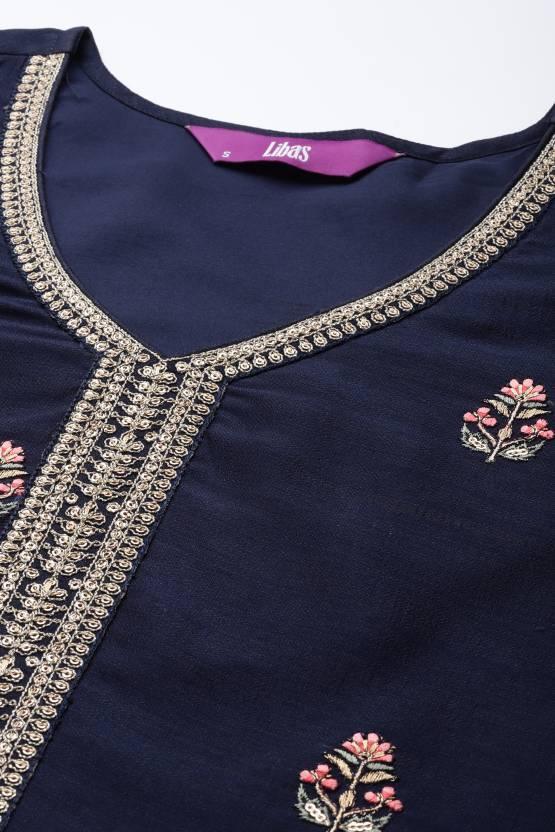 Navy Blue Embroidered Silk Straight Kurta - ShopLibas