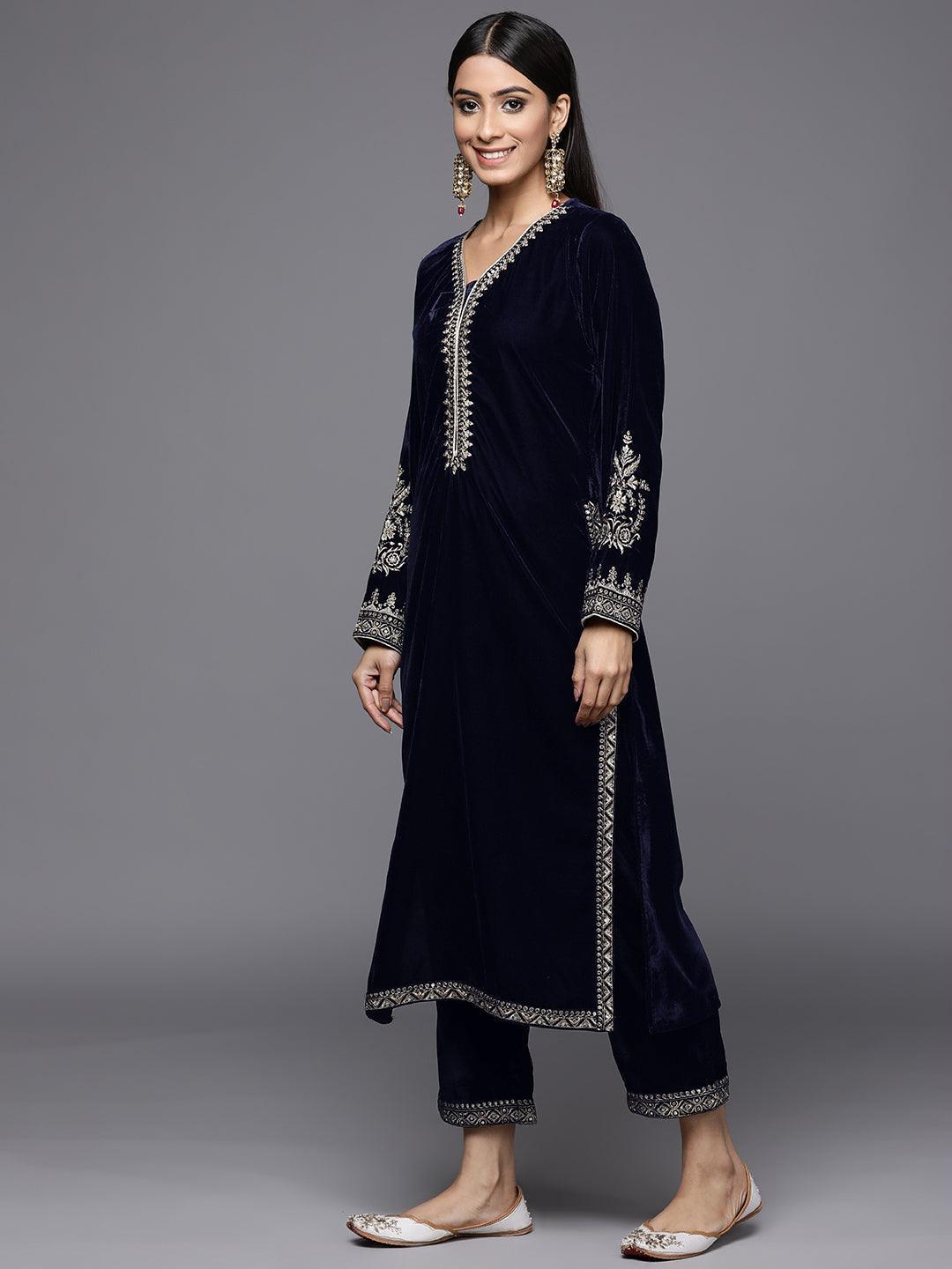Navy Blue Embroidered Velvet Straight Suit Set - ShopLibas