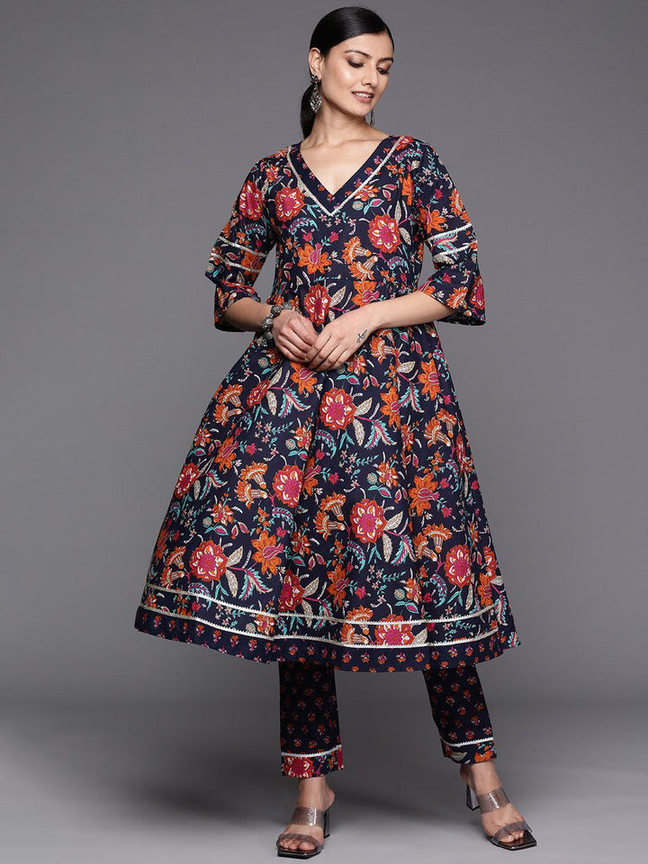 Navy Blue Printed Cotton Anarkali Kurta Set With Trousers