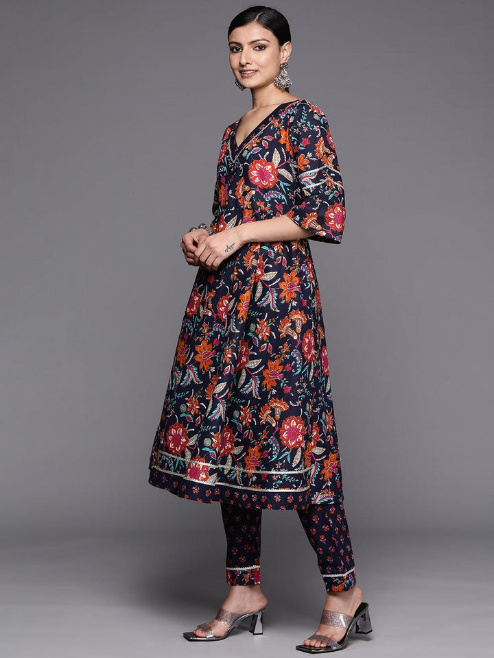 Navy Blue Printed Cotton Anarkali Kurta Set With Trousers